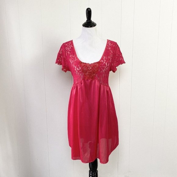 Vintage Other - Vintage Cinema Etoile Red Sheer Lace Nylon Babydoll Mini Nightgown Size Medium